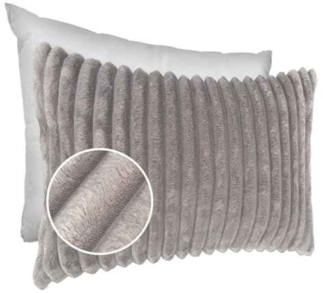Dekokissen Kissenbezug Sofakissen Pillow Plüsch Kuschelkissen Zierkissen Cord Kissen Couchkissen Kord Kissenhülle ultraweich gestreift Lilli 30x50cm mit Füllung Hellgrau