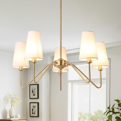 ZenithBeam Pendelleuchte Gold Modern,5-Licht Wohnzimmerlampe 76Cm E14 Lampen Mit WeißEm Leine Lampenschirm HäNgelampe FüR Esstisch Schlafzimmer KüChe,200W