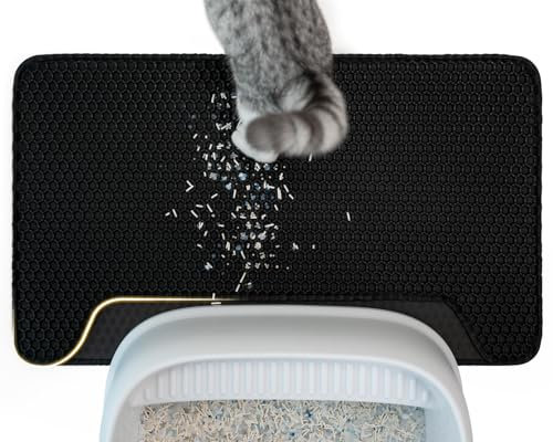 Conlun Katzenstreu Matte, Hochwertige Doppelschicht wasserdichte Katzenmatte, Wabenmuster zur Kontrolle der Streuverteilung, Leichte Reinigung für die Katzenklo Matte(Schwarz,Mittel,64x38 cm)