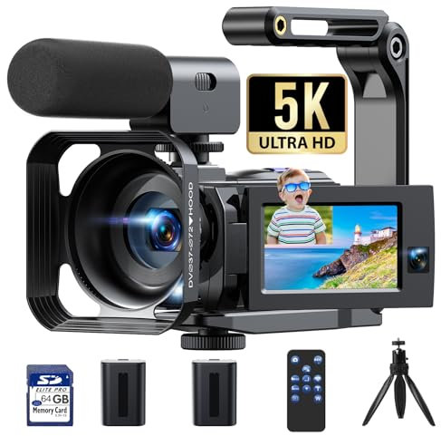 HOTPEAK 5K Camcorder Video Camera with Dual Lens WiFi IR Night Vision Vlogging Camera for YouTube 3” 270° Rotatable Touchscreen with 64G SD Card, Microphone, 2 Batteries, Tripod, Stabilizer, Lens Hood
