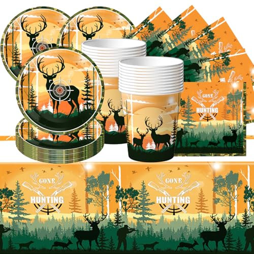Vaisselle de fête sur le thème de la chasse, avec assiettes, tasses, serviettes, nappes au total, 61 pièces, convient pour une fête de 20 personnes