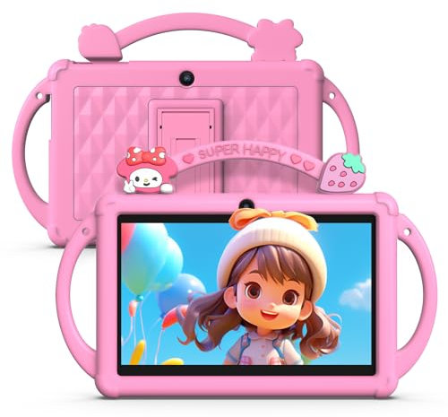 BAKEN 7 Inch Kids Tablet, Android 13, Quad Core Processor, 4GB RAM, 32GB ROM, 1TB TF, 3500mAh Battery, WiFi, Bluetooth, Type-C, Pink