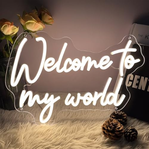 Welcome To My World Neon Sign for Wall Decor Custom Light Up Sign Indoor Bedroom Home Decor LED Neon Signs Large Backdrop Flex Christmas Living Room Girls Boys Gift,USB Warm White 40×27.6 CM