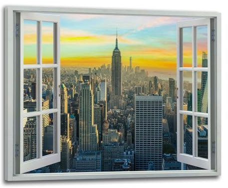 ARTEDinoi Quadro Moderno Stampa su Tela Finestra New York Skyline Yellow USA Canvas Dimensione 150x100x2cm