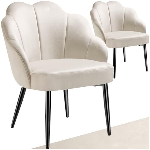 tectake® Cocktailsessel in Muschelform, Samt Stuhl mit Armlehne, Sessel Wohnzimmer, Loungesessel, Stühle Esszimmer, Relaxsessel, Sessel Schlafzimmer, Deko Zimmer, Lesesessel - créme/schwarz, 2er Set