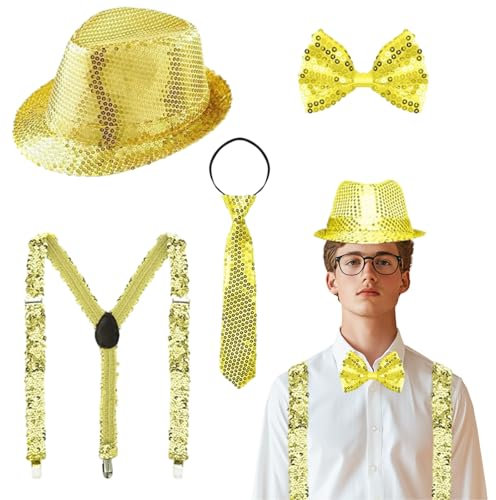Yi'antai Herren Glitzer Bekleidung,Glitzer Outfit Herren,Glitzer Accessoires Herren,Glitzer Kostüm Herre mit Glitzer Fliege,Pailletten Hosenträger krawatte,Herren Pailletten Zylinder Hut (Gold)