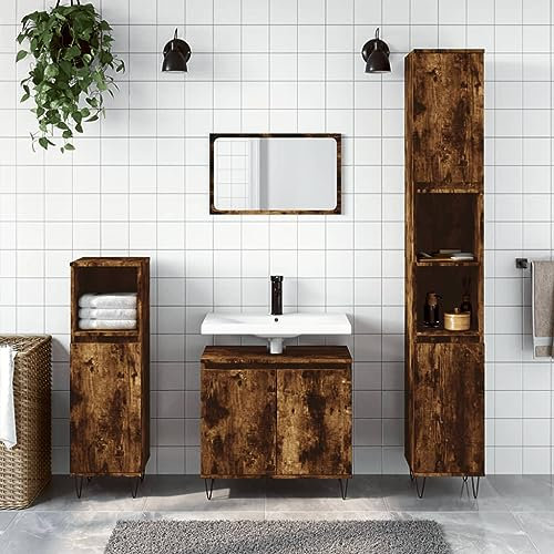 Armoire de salle de bain - Chêne fumé - 58 x 33 x 60 cm - En bois dérivé du bois - Aspect industriel - Pour votre lavabo de salle de bain