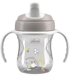 Chicco Training Cup, in Plastica Un Bicchiere Antigoccia Bambini, Una Tazza per Imparare a Bere, Beccuccio Ergonomico Semi-Soft, Valvola e Manici Rimovibili, 6 Mesi+, Senza BPA, Grigio