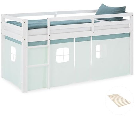 Homestyle4u Kinderbett Hochbett 90x200 mit Vorhang Lattenrost Treppe Grün Bettrahmen Holz Kiefer Weiß