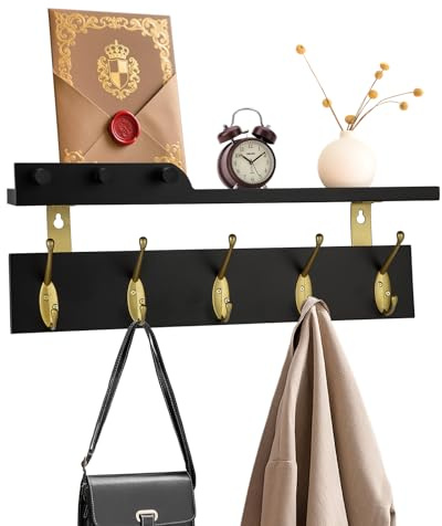Lampaggio Porte-manteau mural avec étagère, 5 crochets doubles dorés, 3 piquets, étagère flottante en bois noir de 41,9 cm pour entrée, salle de bain, chambre