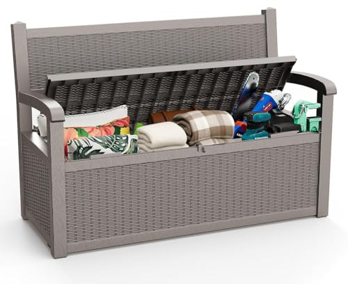 ROJIK 80 Gallon Storage Bench Deck Box Outdoor with Armrests,Storage Furniture Waterproof Lockable for Porch Patio and Garden(Light Brown)