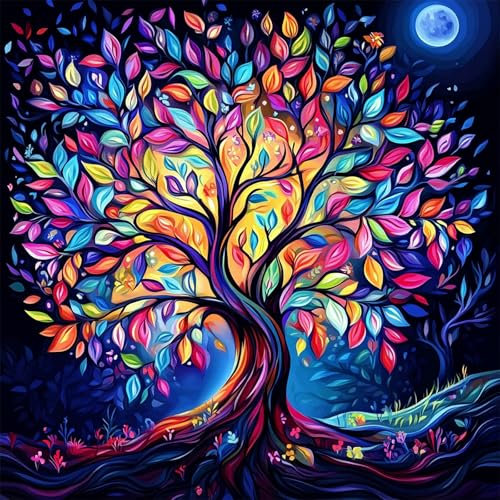 NEWENMO 5D Arbre de Vie Diamond Painting Set,Arbre Lumineux Peinture Diamant pour Adulte,Bricolage Mystérieux Diamant Painting,Diamond Art Kit Complet,pour Adulte Débutant Maison Décor (30x30cm)
