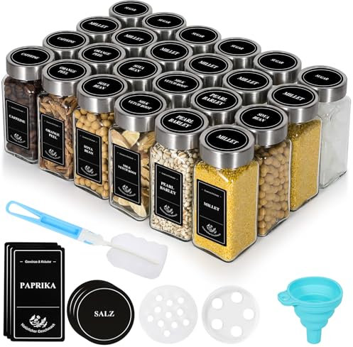 Gewürzgläser Eckig - 24er Set mit Edelstahldeckel, Streueinsatz, vorgedruckten Etiketten (360 Stück, 180 Gewürznamen), stylischen schwarzen und weißen Aufklebern & Silikontrichter (Edelstahl-Deckel)
