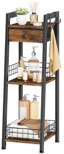 Gewudraw Narrow Bathroom Ladder Shelf with Drawer, 3-Tier, Rustic Brown | Bathroom Table Stand for Small Spaces, Bathroom Storage for Living Room, Bedroom, Kitchen, Bathroom Organizer Standing Shelf