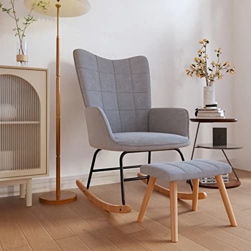 Xichuzi Schaukelstuhl mit Hocker, Sessel Wohnzimmer, Schaukelsessel, Stillsessel, Schwingsessel, Tv Sessel, Ohrensessel, Relaxsessel, Rocking Chair, Stoff Hellgrau