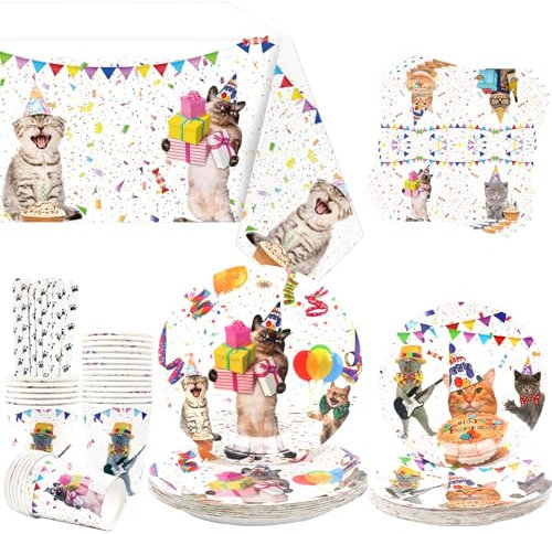 Obussgar Katzenparty-Dekoration – Katzenparty-Geschirrset mit Tellern, Bechern, Servietten, Tischdecken und Strohhalmen – für 20 Personen(Katzen)