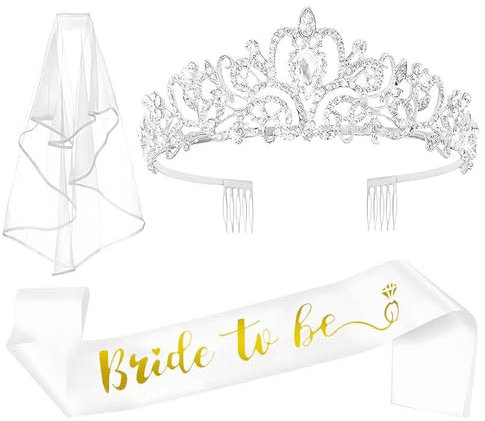 Bride To Be Schärpe Und Schleier,Jga Accessoires Frauen Junggesellenabschied Tiara,Bride To Be Deko, Jga Silber Bride Schärpe Krone Jga Für Bachelorette Party Accessories Polterabend Hochzeit,3 Stück
