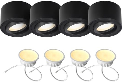 EDO 4 Stück LED Aufbauspots Schwarz ZALDA OV Runde, Extra Flach Schwenkbar Deckenleuchte, Deckenspots - Ø80*50mm mit 4,8W LED Modul 230V 3000K Warmweiß, Deckenstrahler, Aufbaustrahler Aufputz