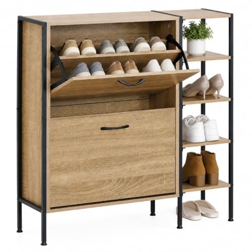 CELINO making your day Shoe Cabinet with 2 Drawers, Pull Down MDF Wooden Shoe Storage Organizer Cupboard Shoes Rack Cabinet Freestanding Footwear Rack Stand Hallway, Entryway, Living Room 88x24x87cm
