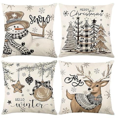 Kissenbezug Weihnachten 45x45 cm 4er Set, Leinen Weihnachtskissenbezug, | LMSHOWOWO Winter Weihnachten Kissenbezüge mit Weihnachtsbaum Schneemann Elch Muster für Weihnachtsdeko Innen Wohnzimmer Sofa