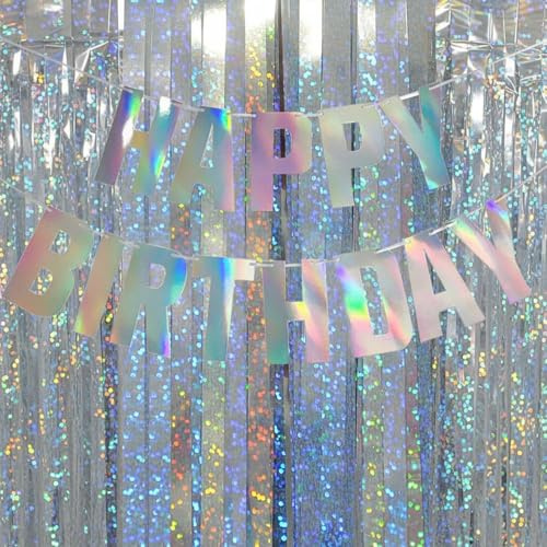 Happy Birthday Girlanden Banner Irisierende Lametta Vorhang Silbe Holografisch Geburtstag Girlande Deko Glitzervorhang Lametta Silber für Geburtstagsdeko Silberhochzeit Party Deko