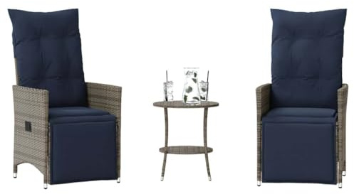 Mandloder 3-teiliges Bistro-Set, Grau, Poly Rattan, verstellbare Liegestühle, UV-beständig, mit Kissen, für Garten, Balkon und Terrasse, 2 Liegen, 1 Tisch, Marineblau