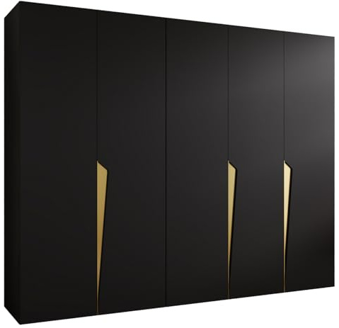 MEBLE KRYSPOL - Kleiderschrank - Garderobenschrank - 250 cm x 202 x 52 cm - Schrank mit Kleiderstange, 5 Türen - für Schlafzimmer, Flur - Piano, Schwarz, Griff Gold