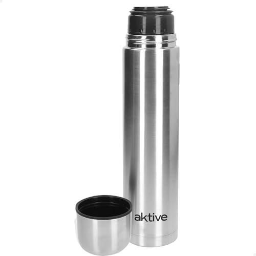AKTIVE Botella Térmica de Acero Inoxidable, 1 Litro, Acabado Metálico, Sistema Antigoteo, Incluye Vaso, 8x8x33 cm, Libre de BPA