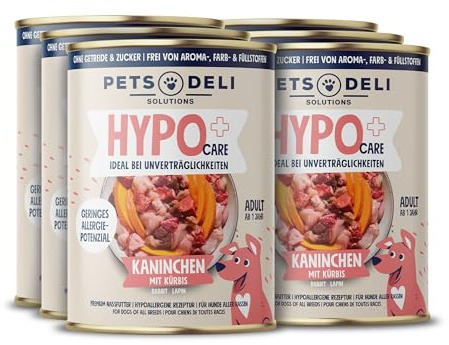 Pets Deli Hypocare Nassfutter für Hunde mit Kaninchen, 6x400g | Monoprotein Kaninchen, seltene hypoallergene Proteinquelle, getreidefrei, ohne Zucker, Premium Qualität