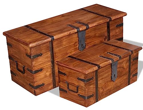 FMPGJLYH 2er Truhen Set aus Akazienholz - Dekorative Aufbewahrungsboxen im Kolonialstil mit Tragegriffen, Braun