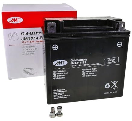 JMT Batterie 12 V 12 Ah (YTX14-BS) [wartungsfrei & versiegelt] kompatibel mit Piaggio/kompatibel mit Vespa Xevo 250 ie, Xevo 400, Suzuki AN 650 Burgman