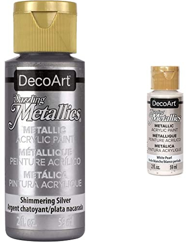 DecoArt Americana Acrylic Metallic Paint, Shimmering Silver & Deco Art Americana Acrylic Metallic Paint, White Pearl