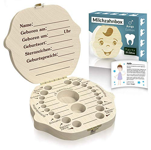 Zrilubkrelz Original Zahnbox Zahndose für Kinder aus Holz | inkl. Brief | Deutsche Sprache | 2 Versionen für Junge & Mädchen | Milchzahndose Milchzahnbox für Milchzähne als Geschenk Geburt