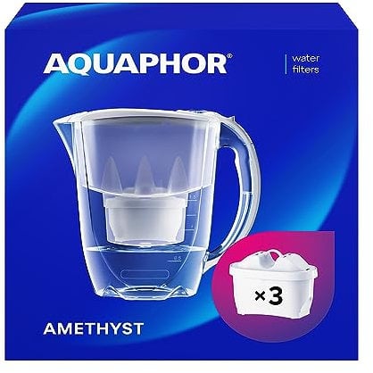 AQUAPHOR Starterpaket Wasserfilter Amethyst Grau inkl. 3 MAXFOR+ Filter I Karaffe für 2,8l I Passt in die Kühlschranktür I Reduziert Kalk & Chlor I Tischwasserfilter I Stylischer Behälter