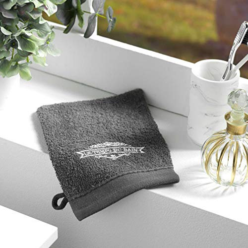 Douceur d'Intérieur, 2 Gants de Toilette (15 x 21 cm) Vintage Anthracite, Eponge Brodée