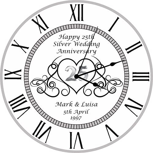 Precision Designs Unique Personalised 25th Silver Wedding Anniversary Clock - Size 30cm Silent Wall Mountable with Roman Numerals - Special Wedding Gift