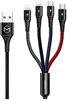 Mcdodo 4 in 1 LED Multi Charger Cable Nylon Braided Universal Multiple USB Charging Cord Adapter iOS/Type-C/Micro Compatible with Cell Phones Tablets and More(Charging Only) (4FT/1.2M, 4 in 1)