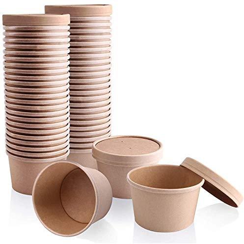 Tazones Desechables, Vasos Orgánicos Desechable Biodegradable, Kraft Vasos De Papel De La Sopa Con Las Tapas,Tazones Biodegradables Envases De Cartón Kraft Con Revestimiento De Impermeable,32oz