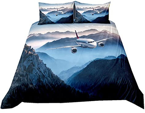 Flugzeug Bettbezug Mit Kissenbezug, Sky Space Planes Print Kinder Bettwäsche Set 2/3 Stück 3D Aircraft Fighter Track Quilt Tagesdecke Für Jugendliche Männer Jungen (Blau, 260x230 cm)