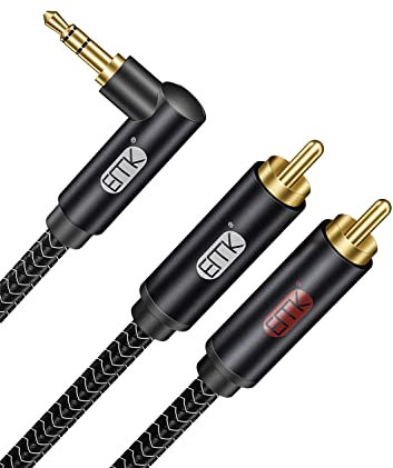 EMK 3,5 mm auf RCA Stereo-Audiokabel, vergoldet, 90° AUX-Stecker auf 2 Cinch-Stecker, 1,8 m/2 m, kompatibel mit Smartphones, MP3, Tablets, Lautsprechern, Heimkino