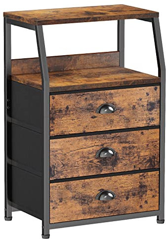 Furnulem Vertical Nightstand with 3 Drawers and Wood Shelf Dresser Organizer 2-TIre Fabric Storage Tower for Bedroom, Hallway, Entryway, Closet, Nursery, Bedside Furniture,Sturdy Steel Frame, Wood Top