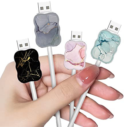 DiyGody 4 Stück Anti-Breaking Kabelschutz für iPhone Ladegerät, Niedliches Wellenförmiges Kabel mit Marmormuster Zubehör Schützen Ladekabel, Handys Ladekabel Mauskabel USB-Kabel