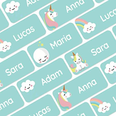 My Nametags® Award-Winning Name Stickers for Clothes & Items | 56 No-Iron, Washable Stick-On Tags for Babies, Kids & Adults | Unicorn Stickers (Blue)
