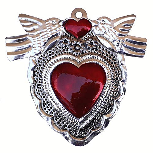 La Casa di Frida - Corazón con pájaros, artesanía mexicana de metal, para colgar (13 x 16,5 cm)