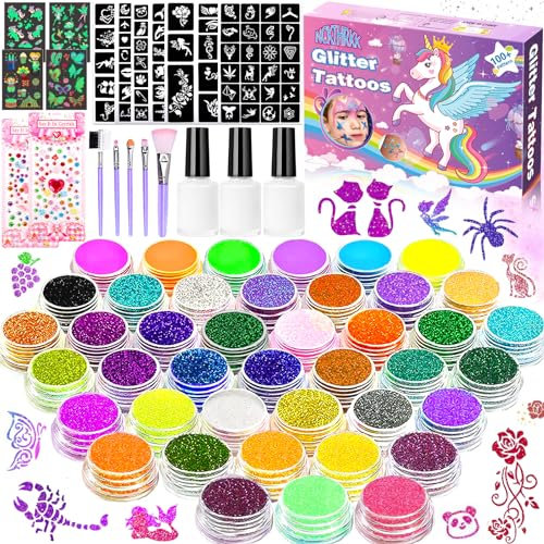 NCKIHRKK Kit Glitter Tattoo Temporanei,Tatuaggi Temporanei Scintillanti e Colorati per Bambini,Kit Tatuaggio Finti per Viso e Corpo,42 Colori 145 Stencil,Compleanno Halloween Natale Carnevale Regalo