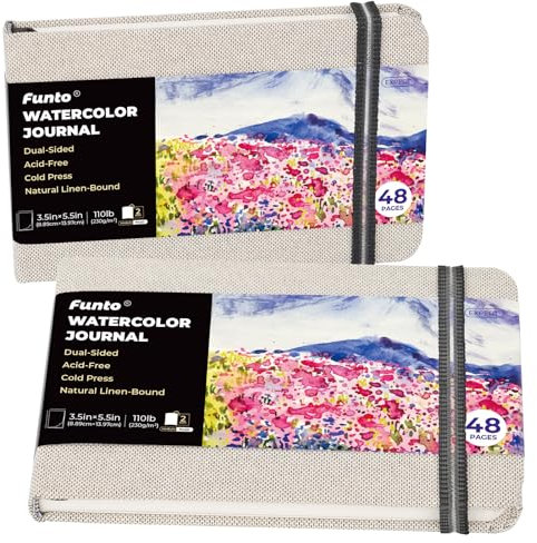 Funto Journal Aquarelle, 3,5x5,5, Lot De 2, 48 Pages Chacune, Papier Aquarelle Pressé À Froid Avec Poche Intérieure Et Bande Élastique, 110 Lb/230 G/m²
