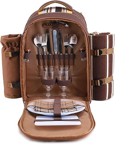 2 Person Picnic Backpack Bag Hamper Cooler Bag with Tableware Set Blanket