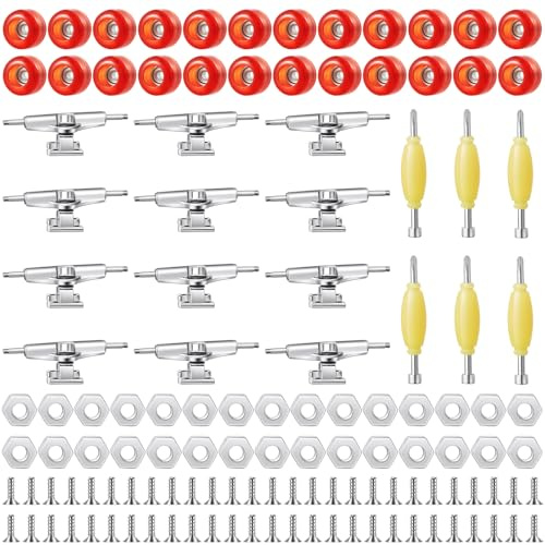Jexine 6 Sets DIY Griffbrett Kit Griffbrett Zubehör Mini Finger Skateboard Teile enthalten 12 Halterungen, 54 Schrauben 30 Muttern 6 Schraubendreher 24 Griffbrett Räder Werkzeug für 96 mm (rot)