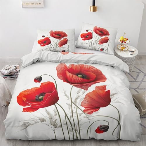 GEDAEUBA Winter Bettwäsche 135x200 Mohnblumen - Rote Mohn Bettbezug 135 x 200 2er Set, Wendebettwäsche und Kissenbezug 80x80, Weiche & Angenehme & Warme Mikrofaser Bettwäsche-Sets mit Reißverschluss