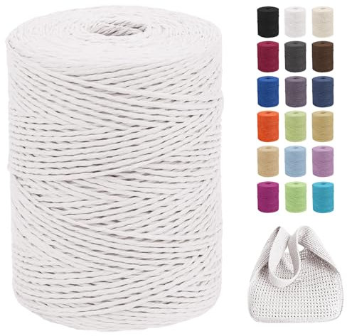 CAMAL Raffia Garn zum Häkeln Von Taschen, 2mm x 300m Geflochten Raffia Papierdraht Weich Raffia Strickgarn Bast zum Stricken Tasche, Strandmütze, DIY Handarbeiten (Weiß)